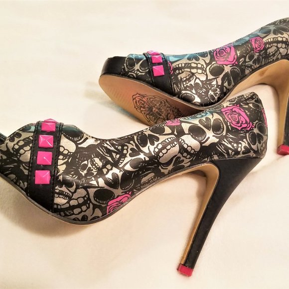 Iron Fist Pink Grey Black Fetish Heels Peep Toe 7 - Picture 4 of 15